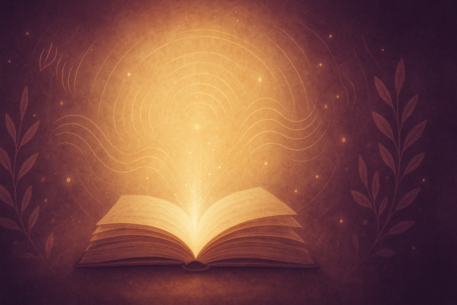 Bannière d’accueil élégante pour site de bien-être “Résonance Naturelle” — ambiance mystique et apaisante dans les tons prune et doré, fond lumineux de parchemin avec halo doré au centre, un livre ouvert d’où émane une douce lumière, ambiance magique et naturelle, symboles subtils de vibration et d’énergie (ondes légères, feuilles, lueur douce), sans texte, format horizontal 1600×700 px, style raffiné, illustratif et chaleureux.