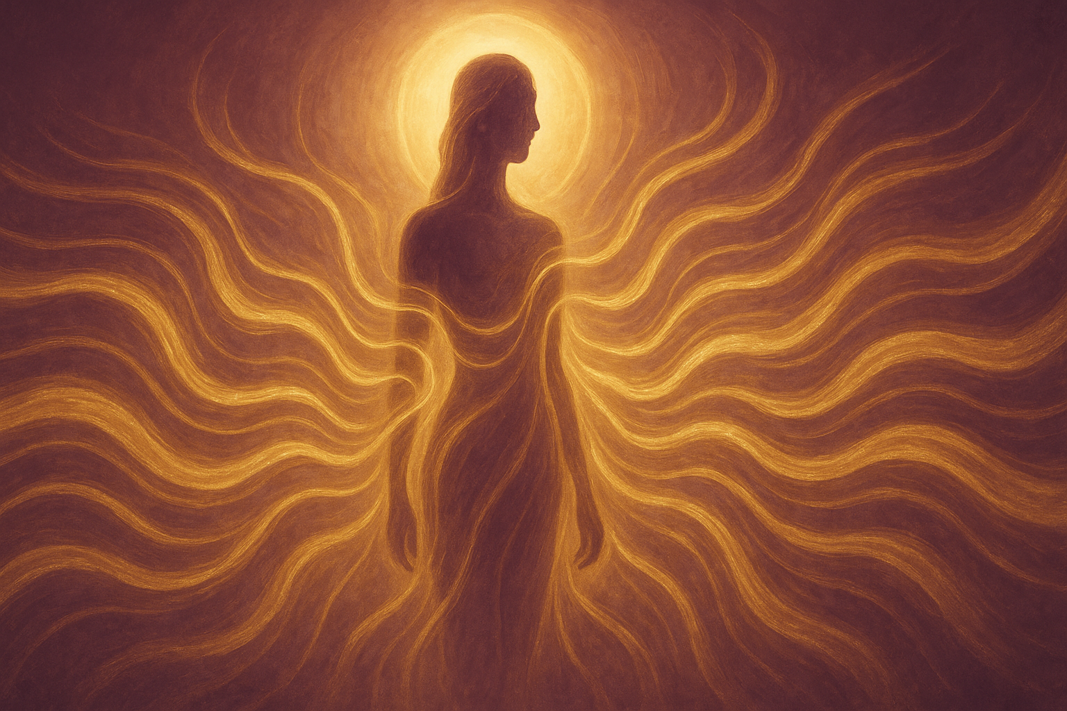 Illustration artistique d’un corps humain stylisé entouré d’ondes lumineuses dorées, représentant la réinformation énergétique. Fond prune et beige, halo doré doux, effet spirituel et harmonieux, style digital painting, cadrage horizontal 1600x900.