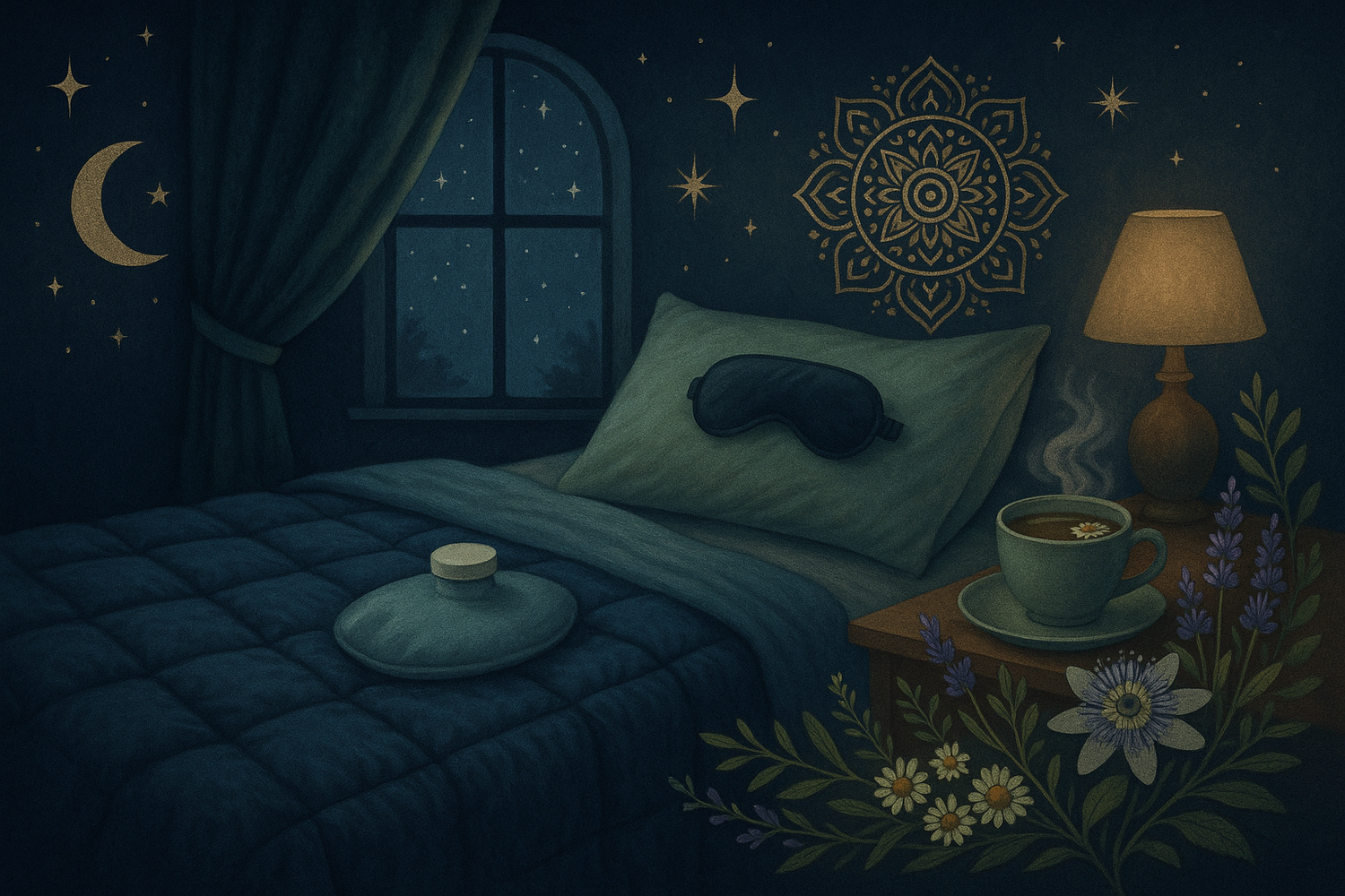 Illustration mystique et élégante d’un rituel du sommeil naturel : un lit cosy avec couverture lestée, une poche de glace (bain dérivatif) posée discrètement, un masque de sommeil en soie sur l’oreiller, une tisane fumante entourée d’herbes sacrées (lavande, passiflore, camomille), lumière tamisée avec lueur lunaire entrant par la fenêtre, symboles discrets (lune, étoiles, mandala) intégrés dans le décor. Palette de couleurs : bleu nuit profond, or doux, vert sauge.