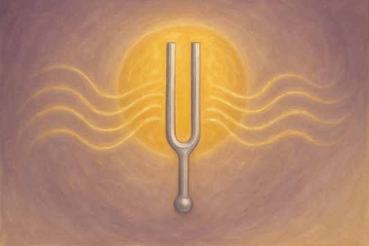 Illustration artistique représentant un diapason argenté au centre d’un halo doré, des ondes lumineuses circulent autour, symbolisant la vibration et l’harmonisation énergétique. Fond prune et beige, touches dorées, style minimaliste et spirituel, effet de profondeur et douceur.