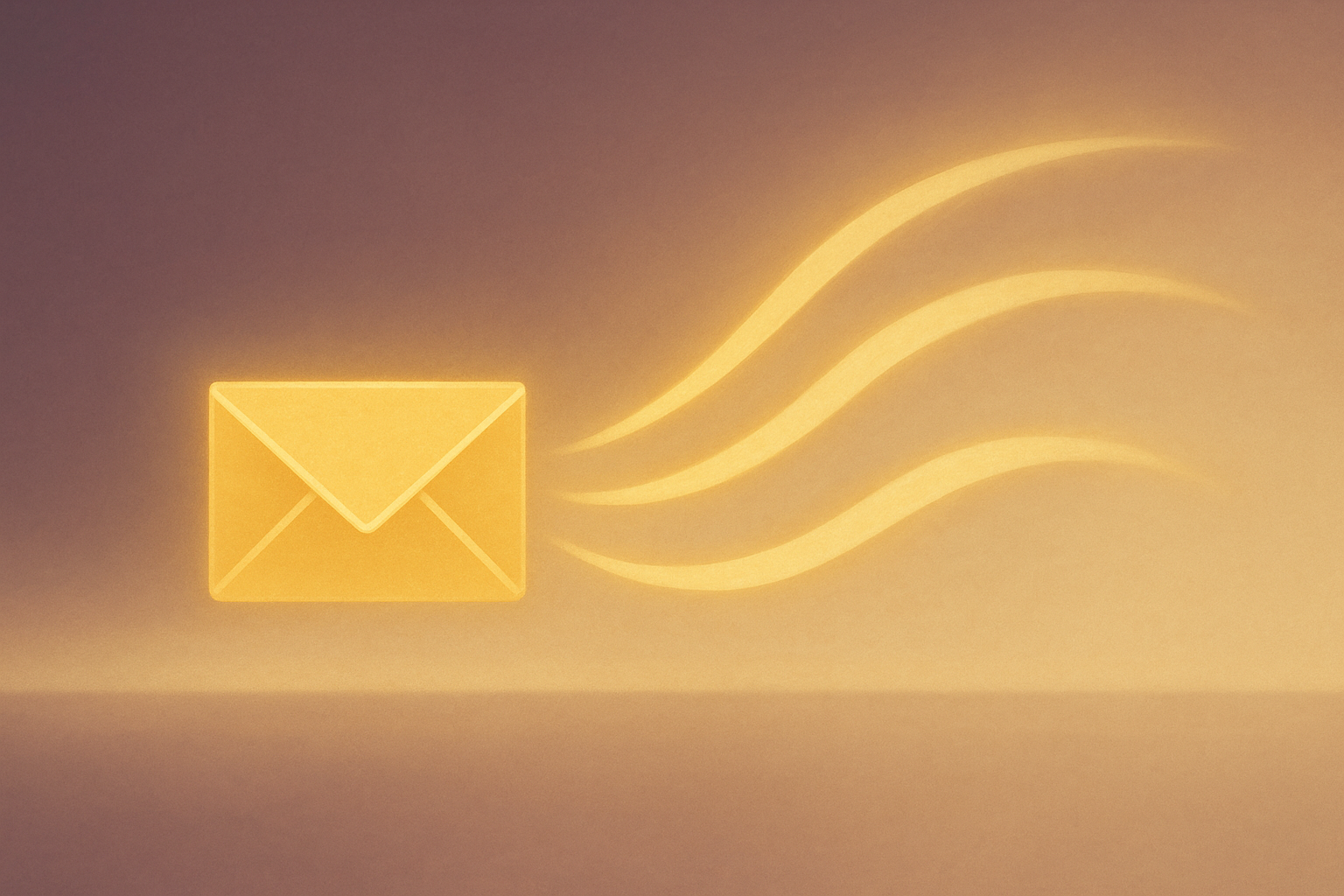 Illustration minimaliste d’un symbole de communication harmonieuse : enveloppe dorée ou ondes lumineuses se diffusant dans un fond prune et beige. Ambiance paisible et bienveillante, style digital painting horizontal 1600×800.
